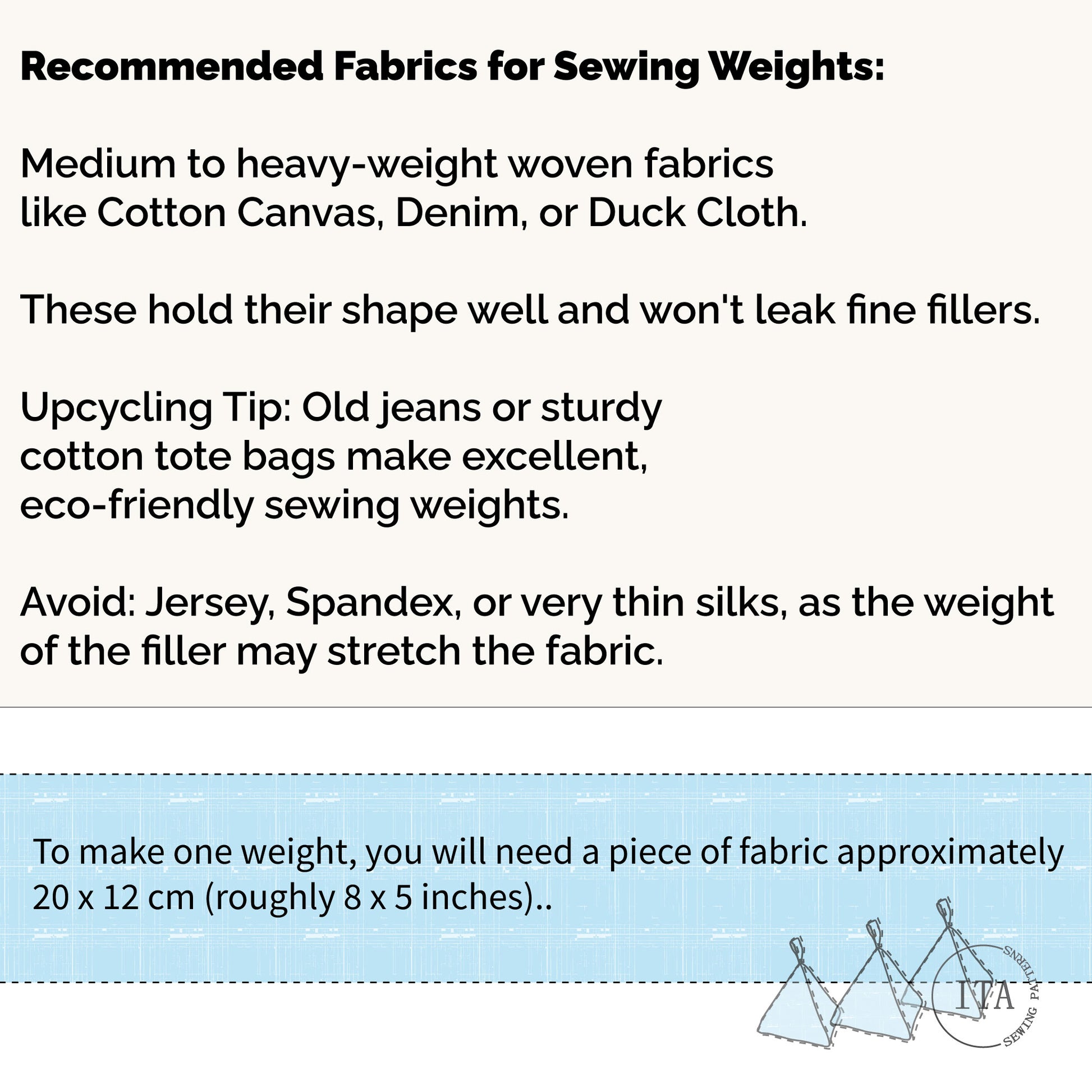 Text describing recommended fabrics for sewing weights with a blue banner and logo of ita sewing patterns at the bottom.