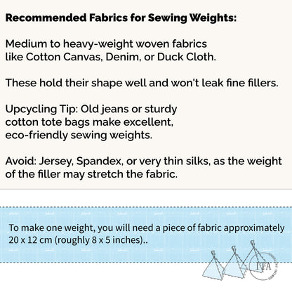 Text describing recommended fabrics for sewing weights with a blue banner and logo of ita sewing patterns at the bottom.