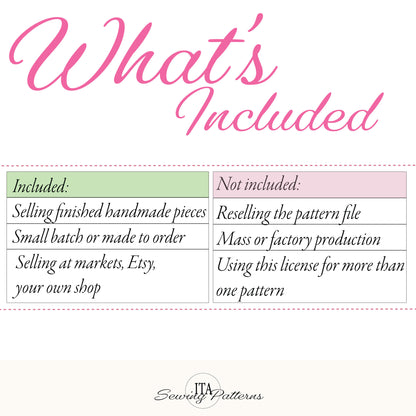 A digital graphic titled 'What's Included' in pink script, showing a table with included and not included items for sewing patterns. The background is white with a soft beige footer containing the brand name 'ITA Sewing Patterns'.