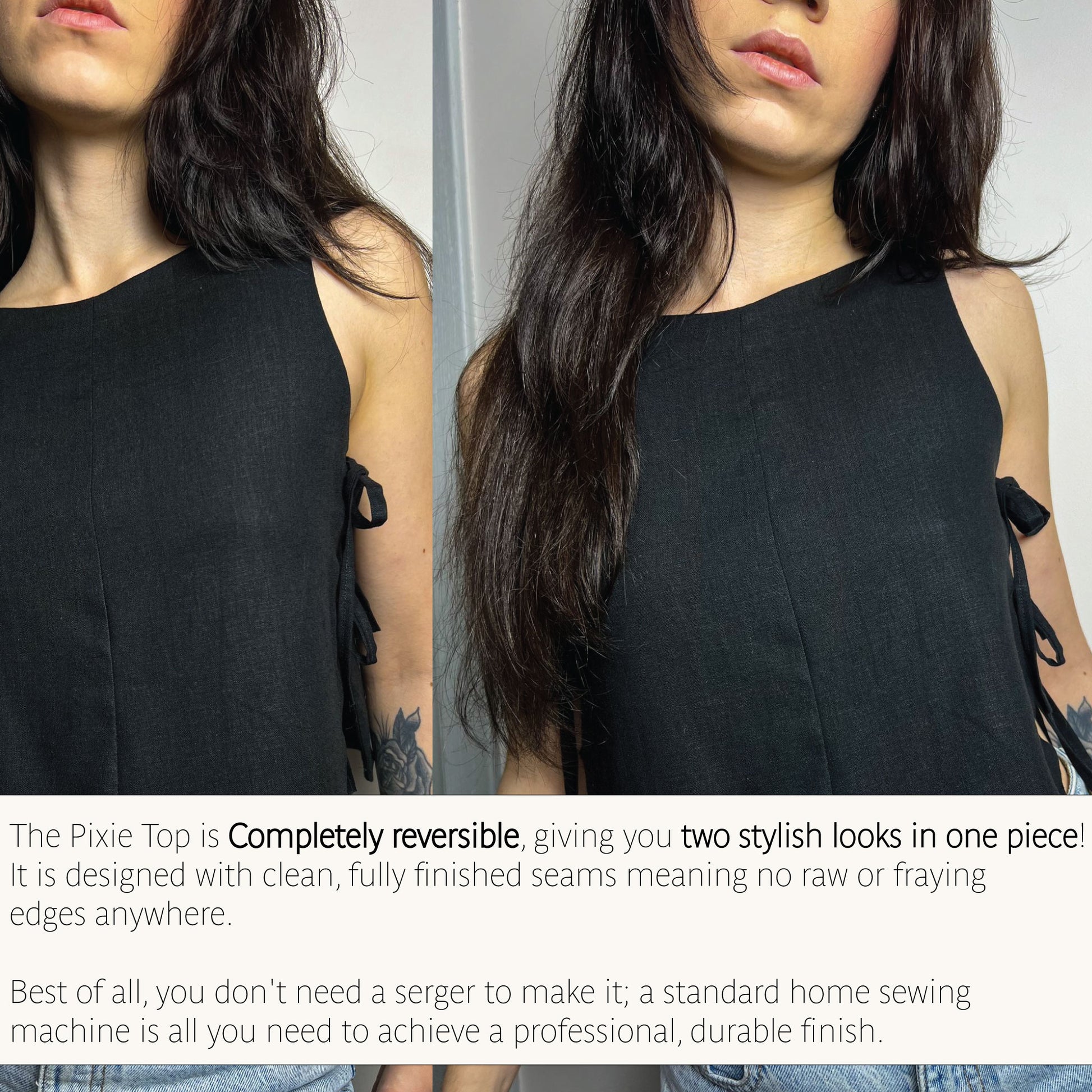 A side-by-side comparison showing the same model wearing a black sleeveless top from two angles, with text below explaining that the top is completely reversible and giving two stylish looks in one piece.