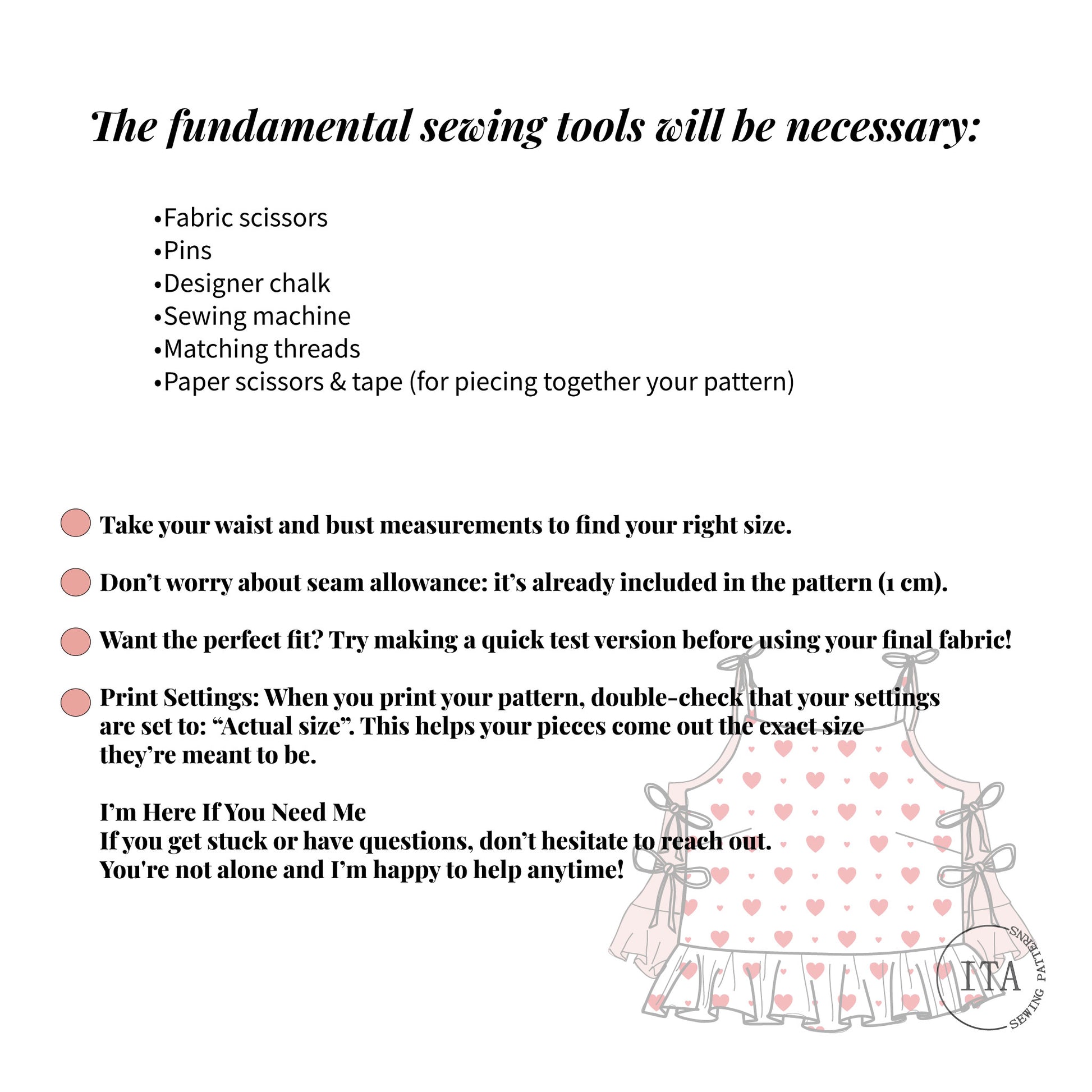 Fundamental sewing tools and beginner tips included with Rosie ruffle top sewing pattern.