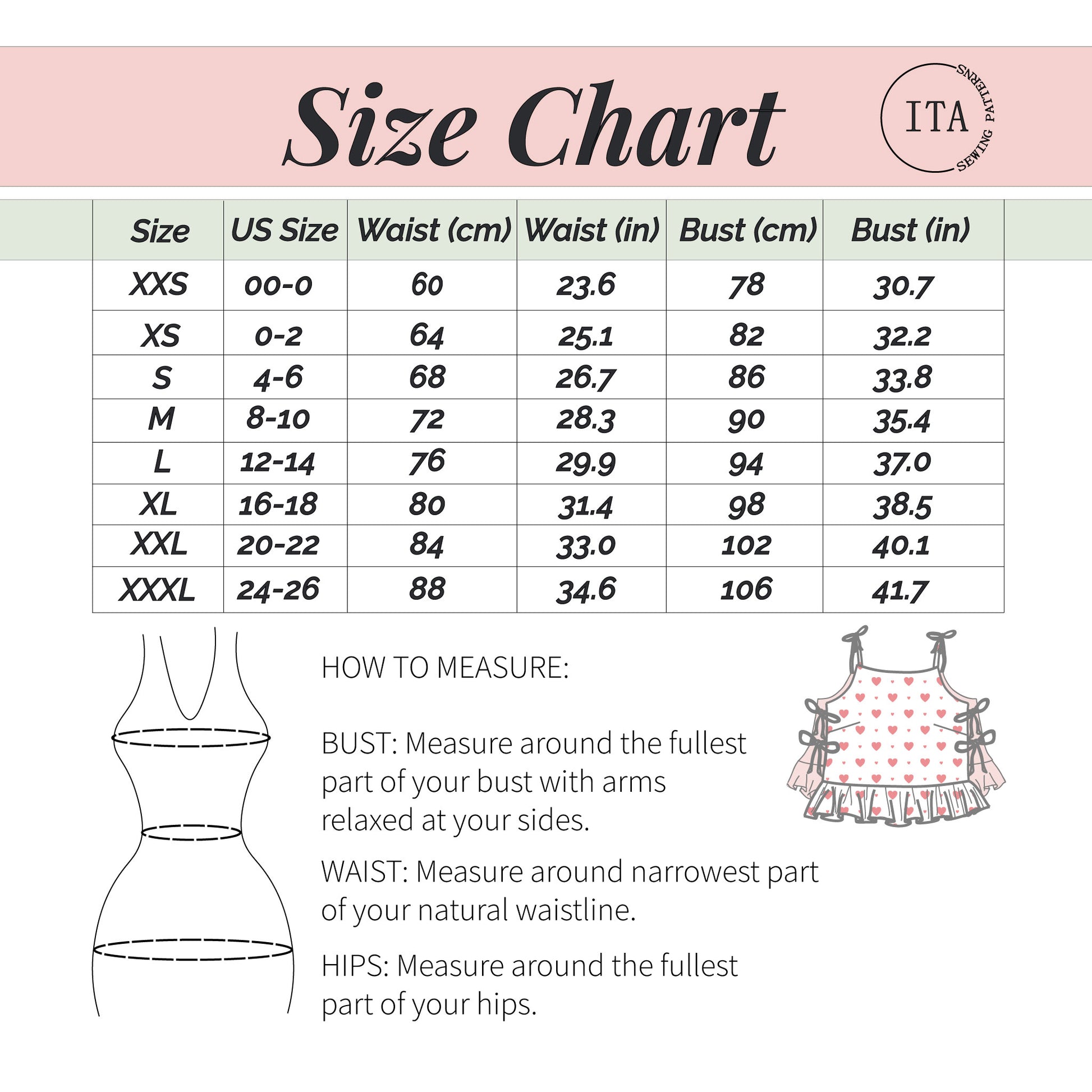 Rosie ruffle top sewing pattern size chart showing waist and bust measurements with how to measure guide.
