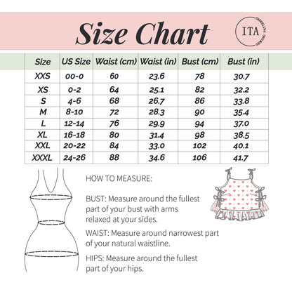 Rosie ruffle top sewing pattern size chart showing waist and bust measurements with how to measure guide.