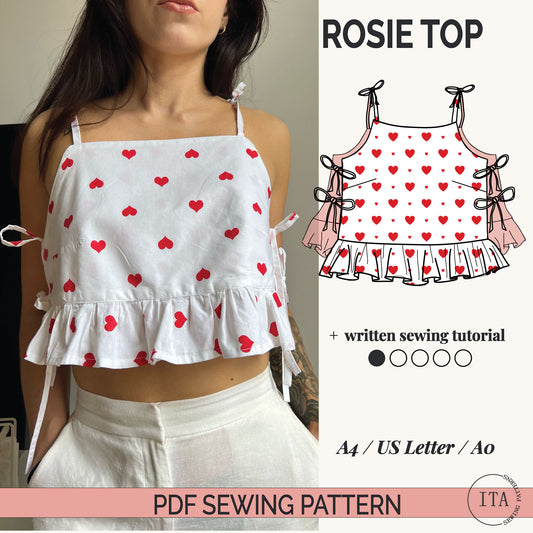 Rosie ruffle top PDF sewing pattern cover showing finished garment and illustrated design with written tutorial.
