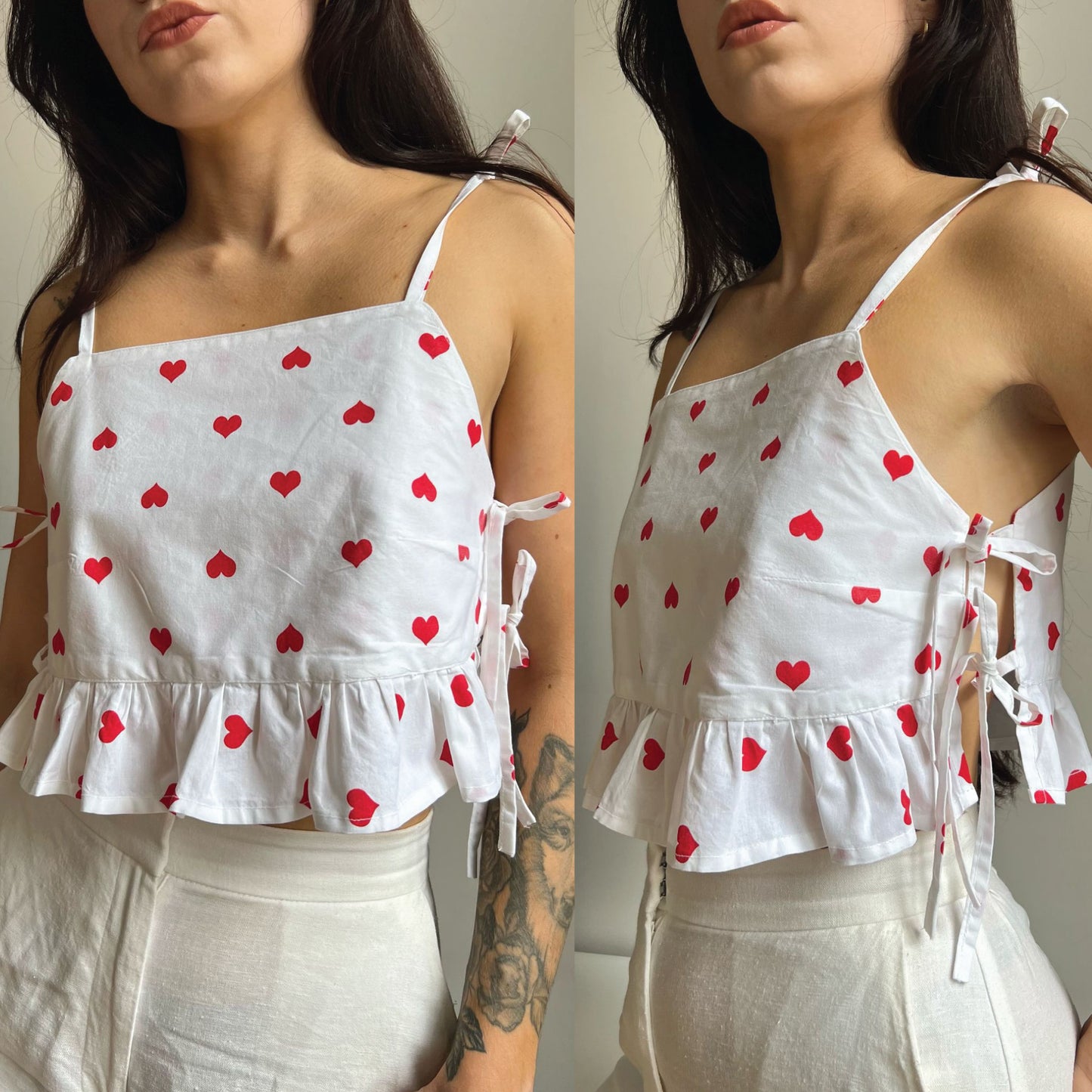 A woman modeling a white spaghetti-strap crop top with a ruffled hem and small red heart pattern, shown in a split front and side view against a plain indoor background.