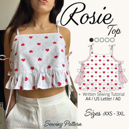 Promotional graphic for a sewing pattern of a white camisole top with a red heart print, titled 'Rosie Top'. The left side shows a model wearing the top, while the right side features a line drawing of the top, size options, and text indicating a sewing tutorial is included.