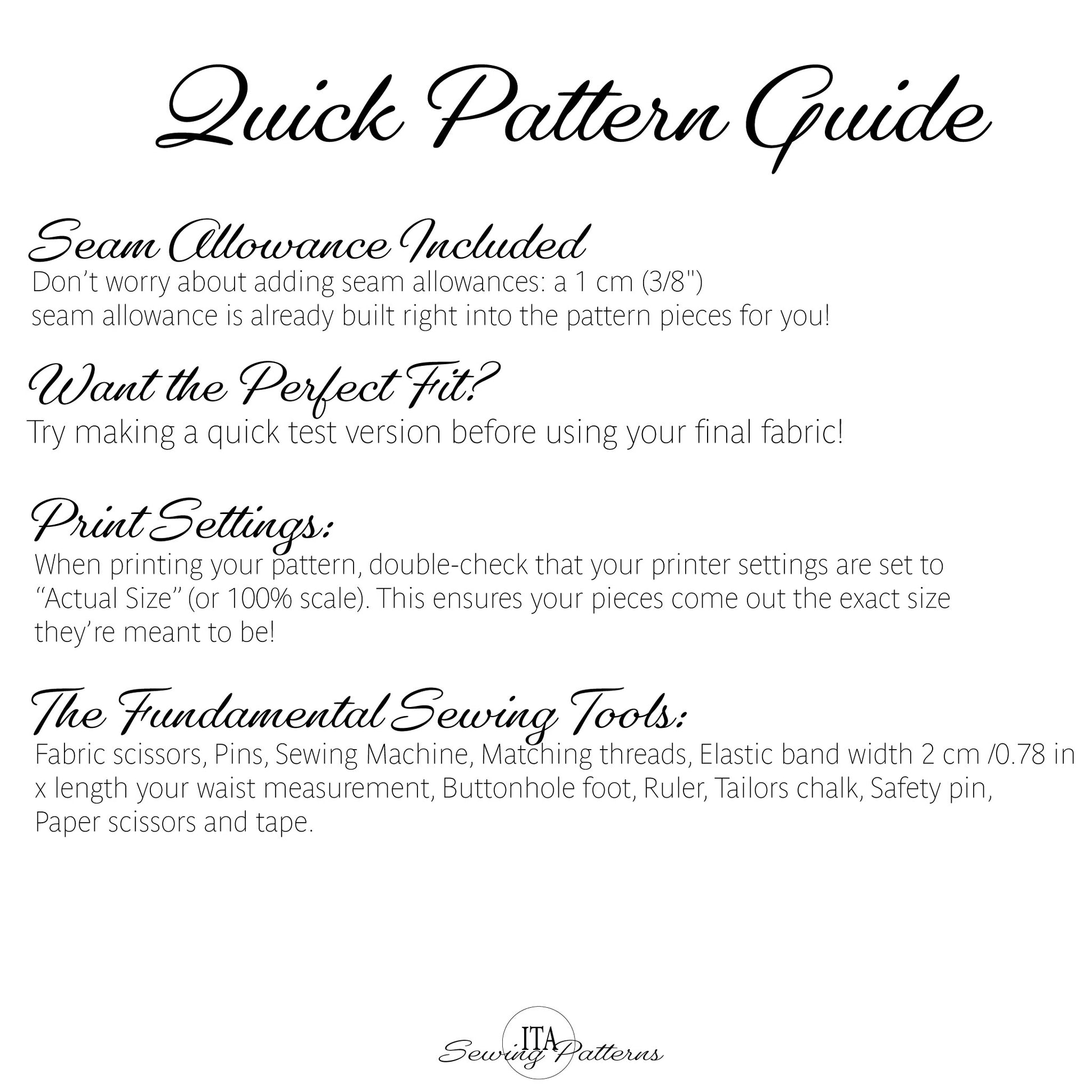A digital graphic titled 'Quick Pattern Guide' with black text on a white background, explaining seam allowance, print settings, and sewing tools for pattern printing.