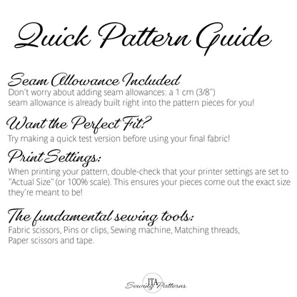 A digital graphic titled 'Quick Pattern Guide' with black script text on a white background, explaining seam allowance, perfect fit testing, print settings, and sewing tools. The logo 'Sevry Patterns' is visible at the bottom.