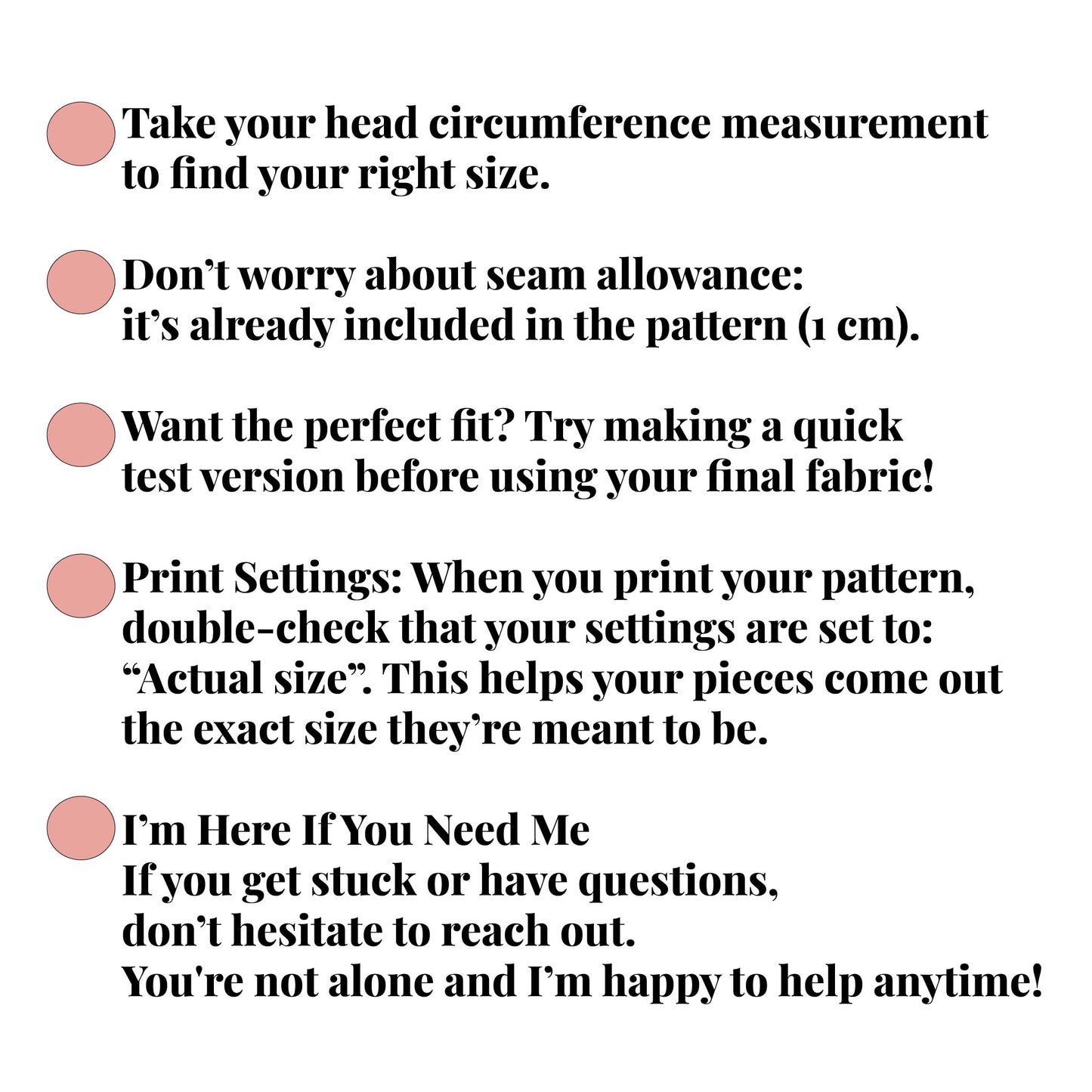 Text instructions for a headband sewing pattern with tips on measurement, fit, and support.