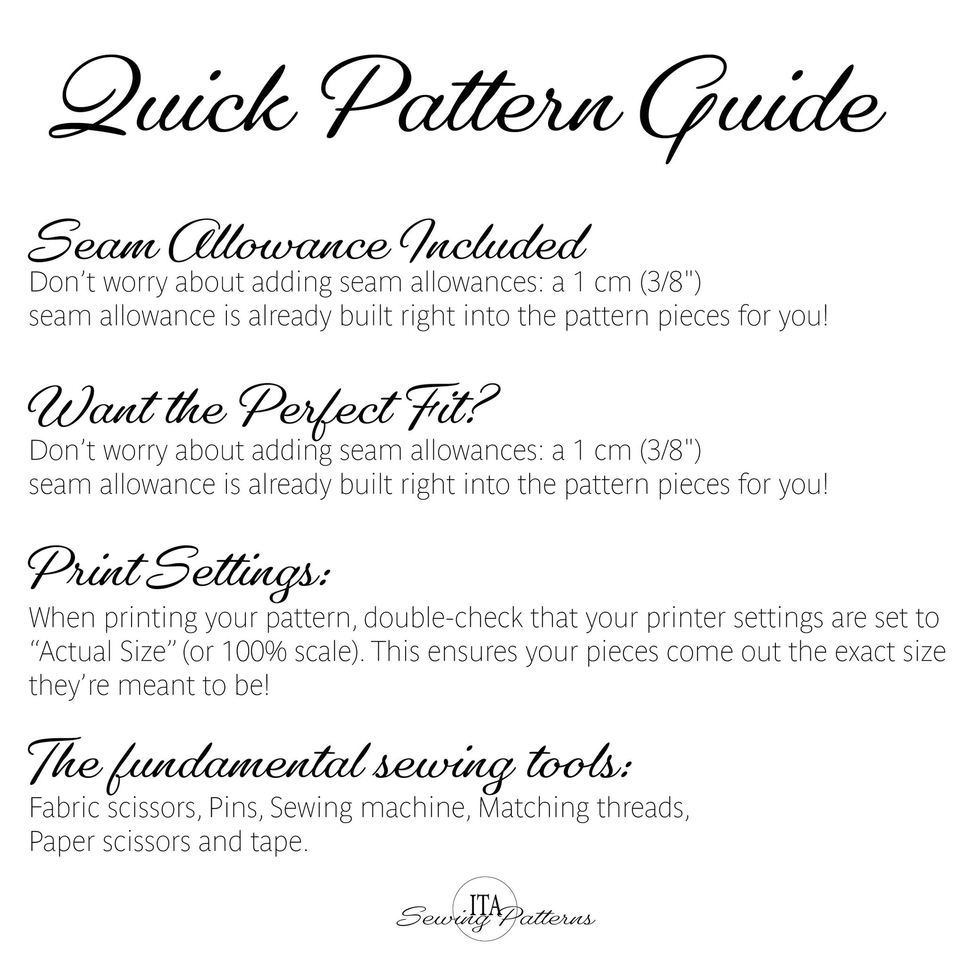 A digital graphic titled 'Quick Pattern Guide' with black text on a white background, explaining seam allowance, perfect fit, print settings, and sewing tools. The brand name 'Soundly Patterns' is visible at the bottom.