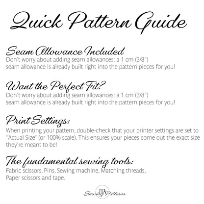 A digital graphic titled 'Quick Pattern Guide' with black text on a white background, explaining seam allowance, perfect fit, print settings, and sewing tools. The brand name 'Soundly Patterns' is visible at the bottom.