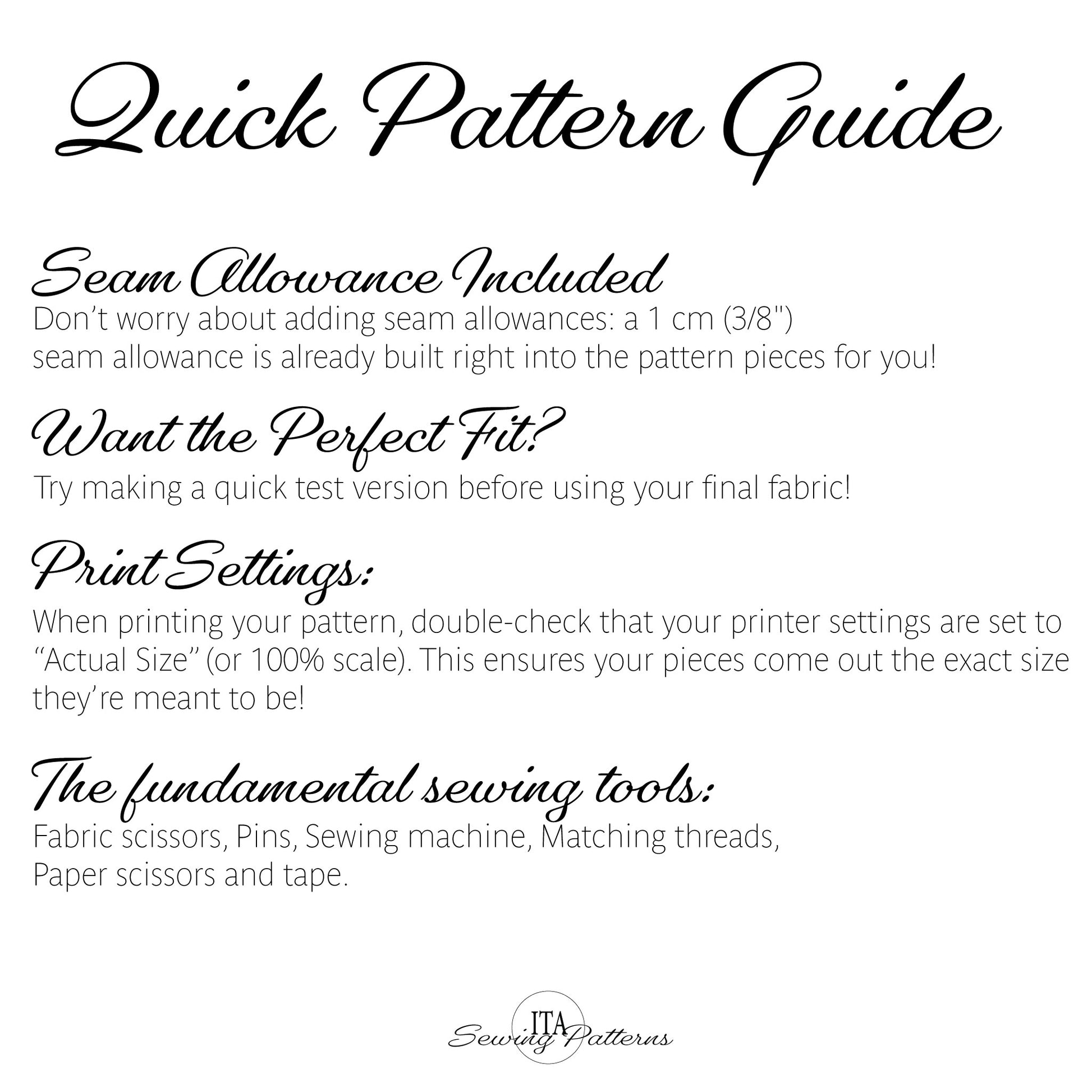 A text-based Quick Pattern Guide from Soundy Patterns explaining sewing pattern settings, including seam allowance, perfect fit, print settings, and the fundamental sewing tools needed.