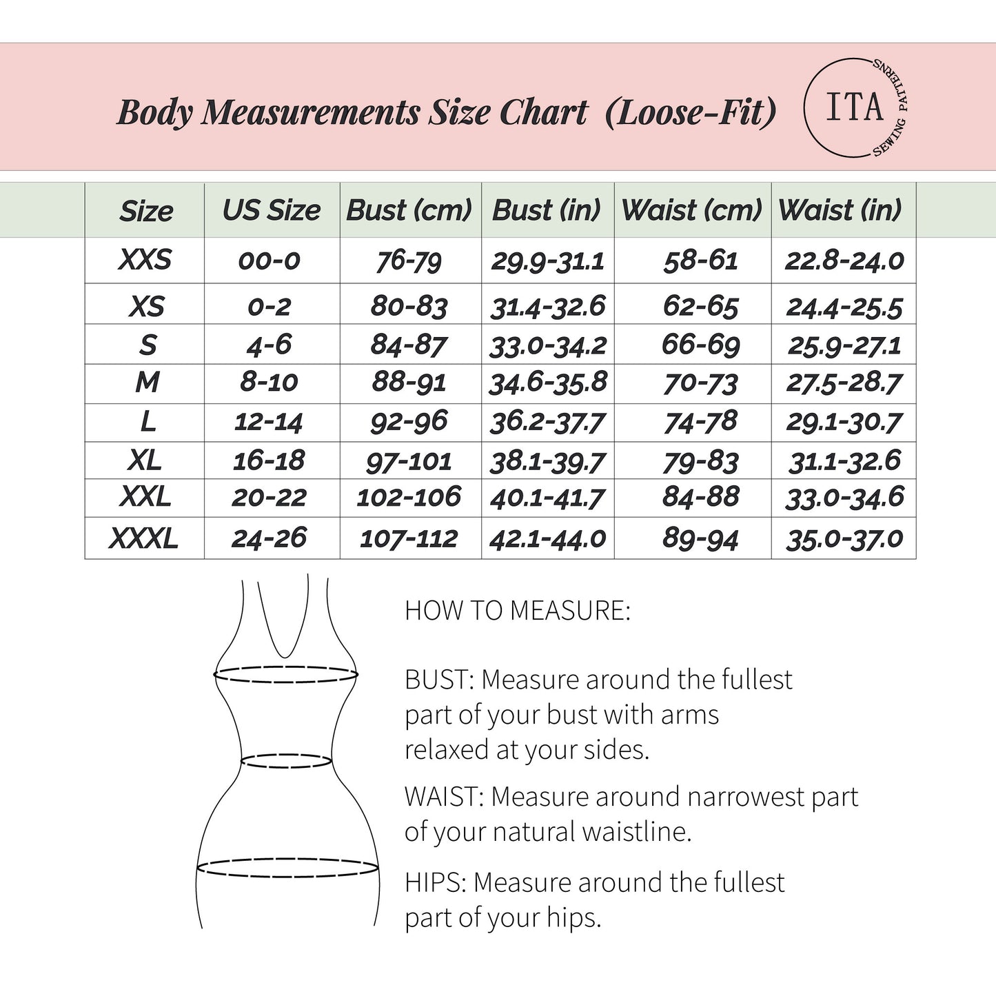 body measurements size chart for serella blouse sewing pattern showing bust and waist measurements for loose fit sizing.