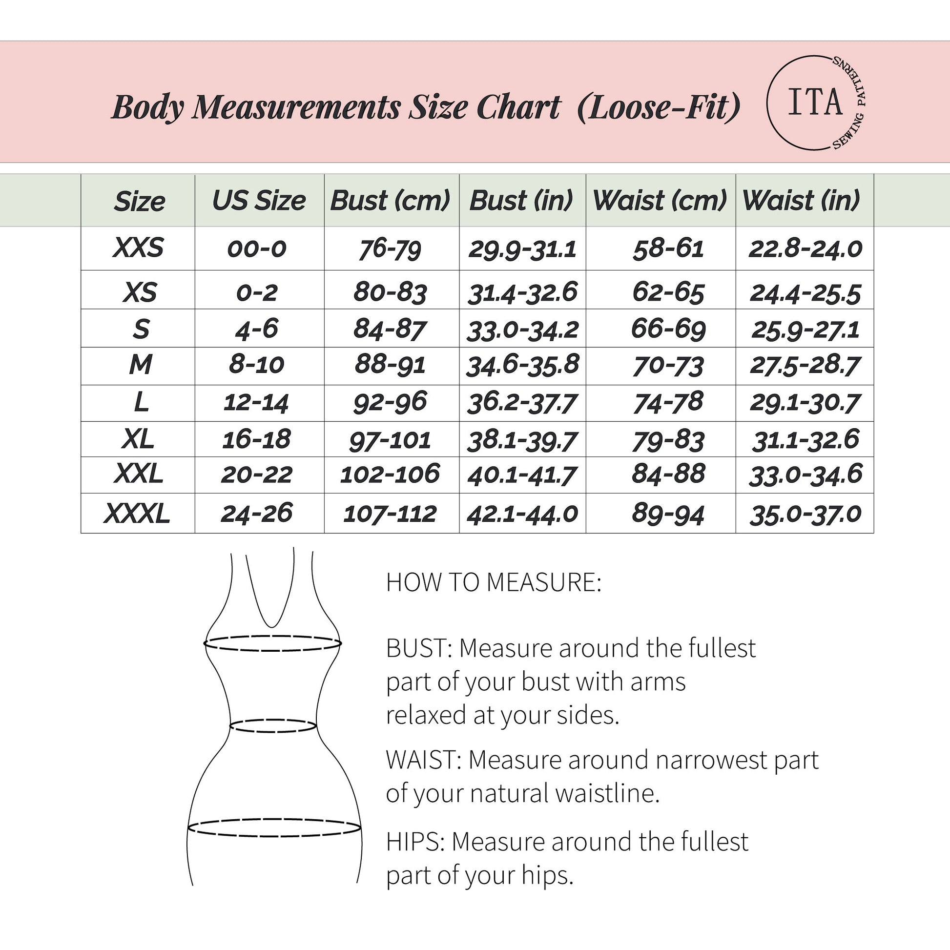 body measurements size chart for serella blouse sewing pattern showing bust and waist measurements for loose fit sizing.