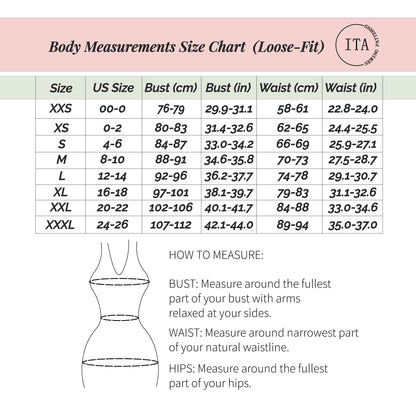 body measurements size chart for serella blouse sewing pattern showing bust and waist measurements for loose fit sizing.