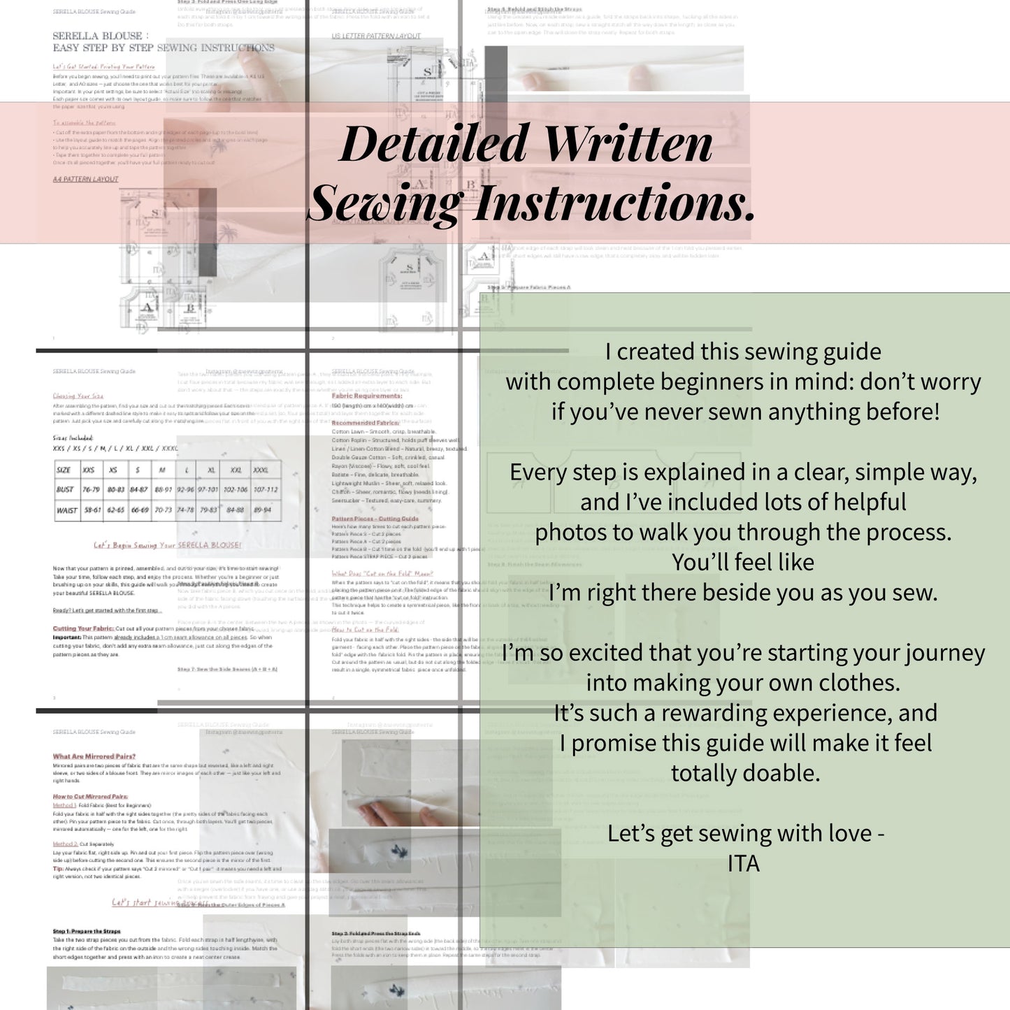 preview of detailed written sewing instructions with step by step text and photos for the serella off shoulder blouse sewing pattern.