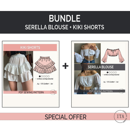 bundle cover showing the serella blouse and kiki shorts pdf sewing patterns with garment photos, illustrations, and special offer layout.