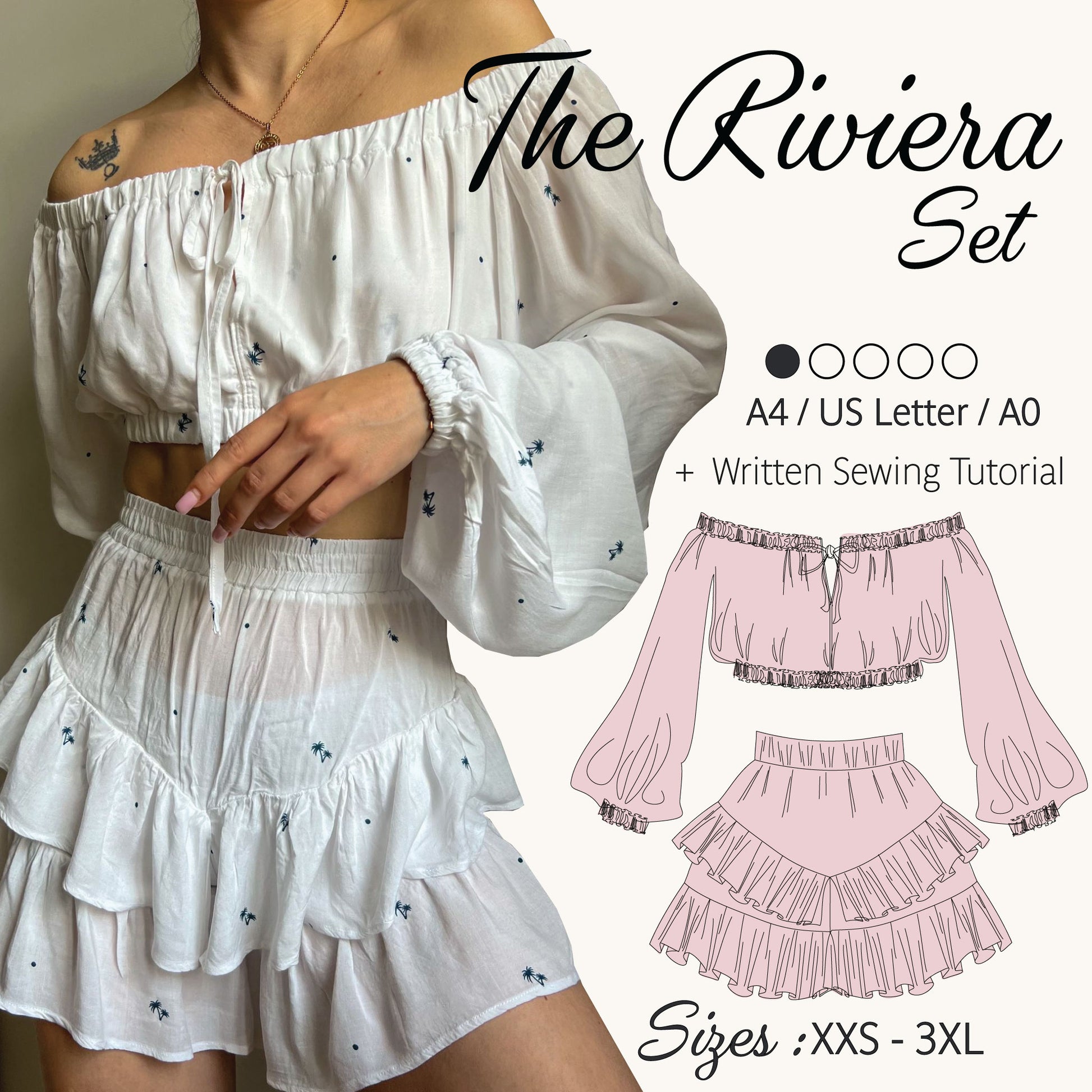 Promotional graphic for 'The Riviera Set' sewing pattern, showing a model wearing a white off-the-shoulder crop top and ruffled shorts with tiny blue floral prints, alongside a pink line-art illustration of the matching set and text detailing sizes and sewing tutorial inclusion.
