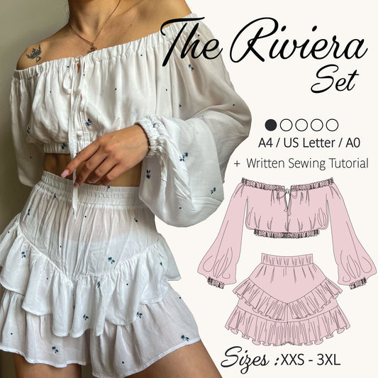 Promotional graphic for 'The Riviera Set' sewing pattern, showing a model wearing a white off-the-shoulder crop top and ruffled shorts with tiny blue floral prints, alongside a pink line-art illustration of the matching set and text detailing sizes and sewing tutorial inclusion.