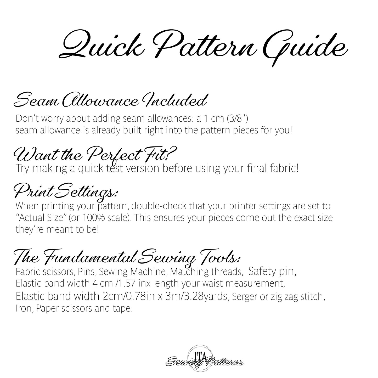 A digital graphic titled 'Quick Pattern Guide' with black text on a white background, explaining seam allowances, print settings, and listing sewing tools. The brand name 'Simply Patterns' appears at the bottom.