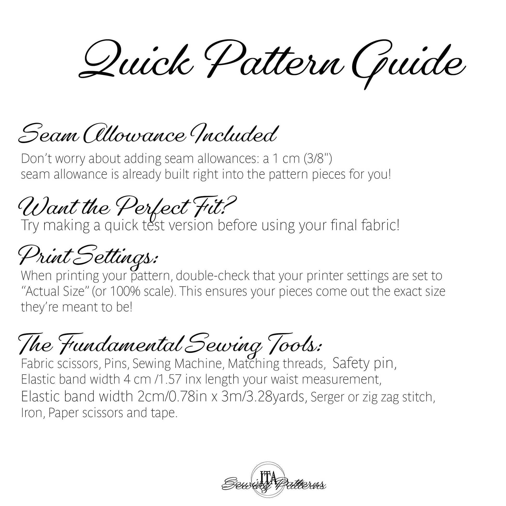A digital graphic titled 'Quick Pattern Guide' with black text on a white background, explaining seam allowances, print settings, and listing sewing tools. The brand name 'Simply Patterns' appears at the bottom.