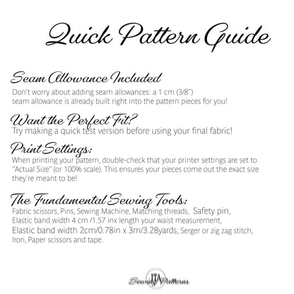 A digital graphic titled 'Quick Pattern Guide' with black text on a white background, explaining seam allowances, print settings, and listing sewing tools. The brand name 'Simply Patterns' appears at the bottom.