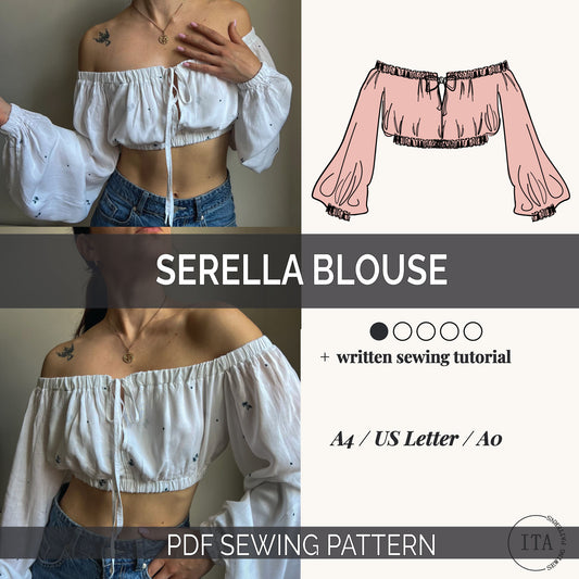 serella off shoulder blouse sewing pattern cover image showing finished blouse on model and illustrated garment with written sewing tutorial included.