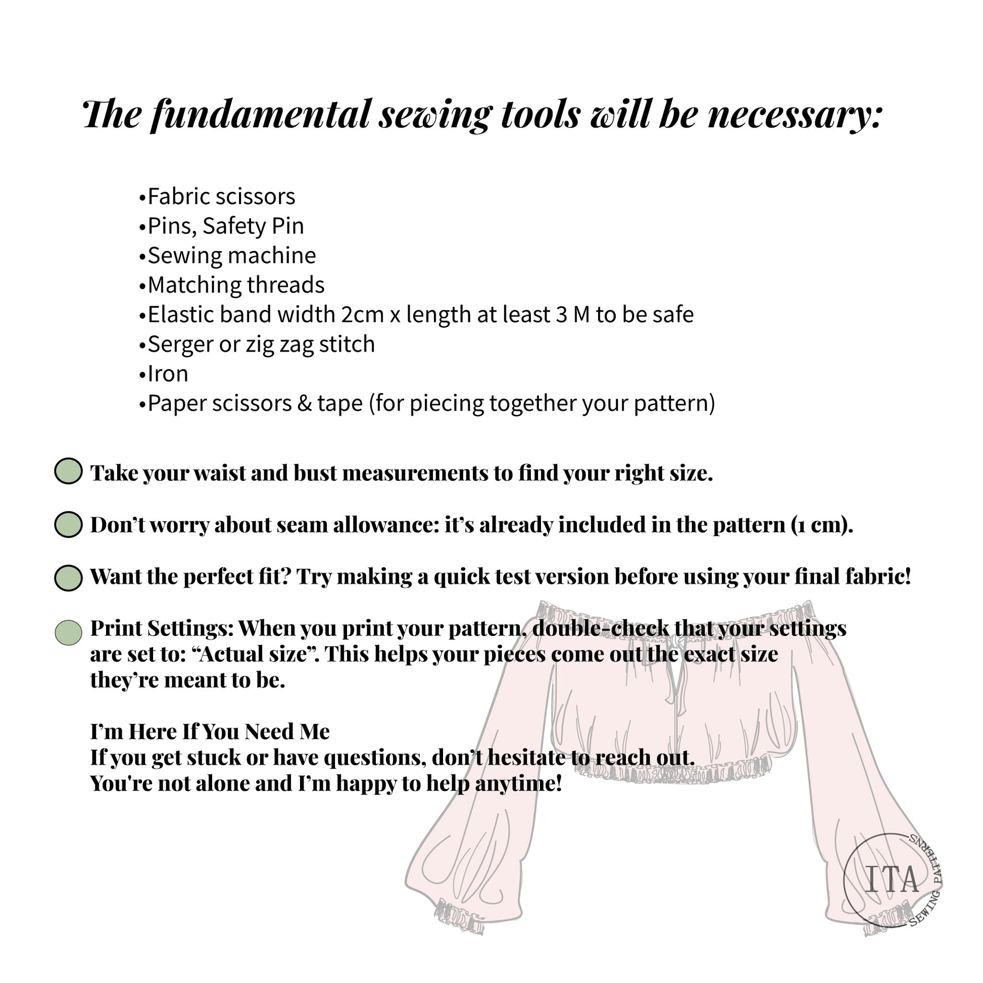 list of fundamental sewing tools and beginner tips for sewing the serella off shoulder blouse pattern shown on a white background with illustrated blouse outline.