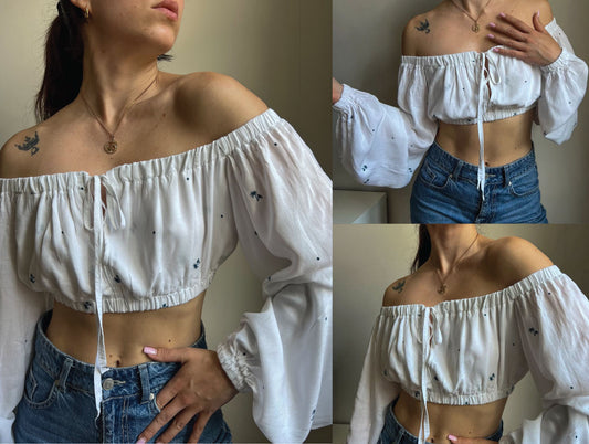 collage showing the serella off shoulder blouse sewing pattern worn on a model with gathered elastic neckline sleeves and waist made as a beginner friendly diy top.