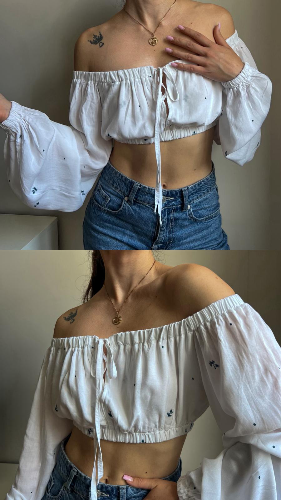 two views of a model wearing the serella off shoulder blouse made from a sewing pattern, shown from front and angled view with elastic neckline and sleeves.