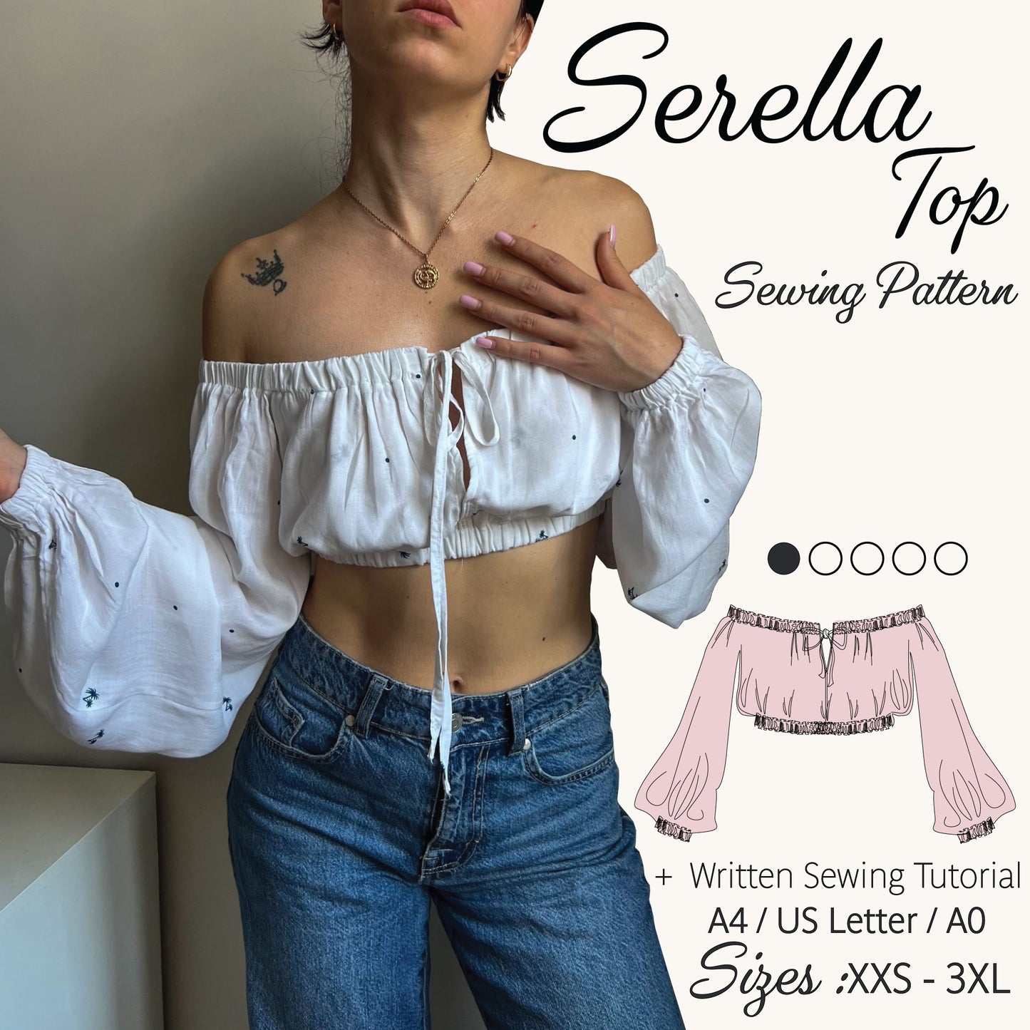 Promotional graphic for a sewing pattern titled 'Serella Top Sewing Pattern,' showing a woman wearing an off-the-shoulder white cropped top with long puff sleeves and blue jeans. A pink line drawing of the top appears on the right, along with text noting a written sewing tutorial and sizes XXS-3XL.