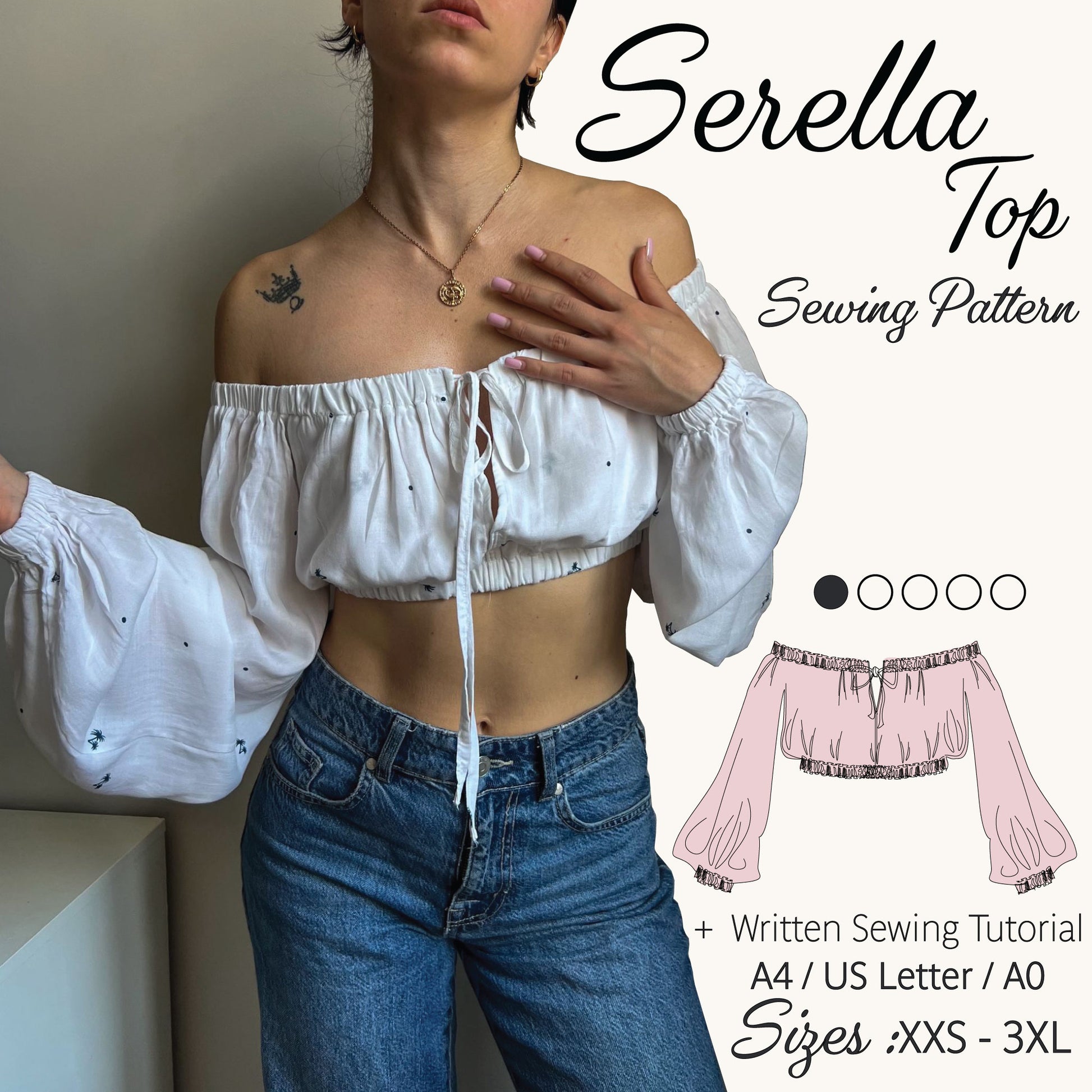 Promotional graphic for a sewing pattern titled 'Serella Top Sewing Pattern,' showing a woman wearing an off-the-shoulder white cropped top with long puff sleeves and blue jeans. A pink line drawing of the top appears on the right, along with text noting a written sewing tutorial and sizes XXS-3XL.