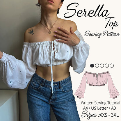 Promotional graphic for a sewing pattern titled 'Serella Top Sewing Pattern,' showing a woman wearing an off-the-shoulder white cropped top with long puff sleeves and blue jeans. A pink line drawing of the top appears on the right, along with text noting a written sewing tutorial and sizes XXS-3XL.