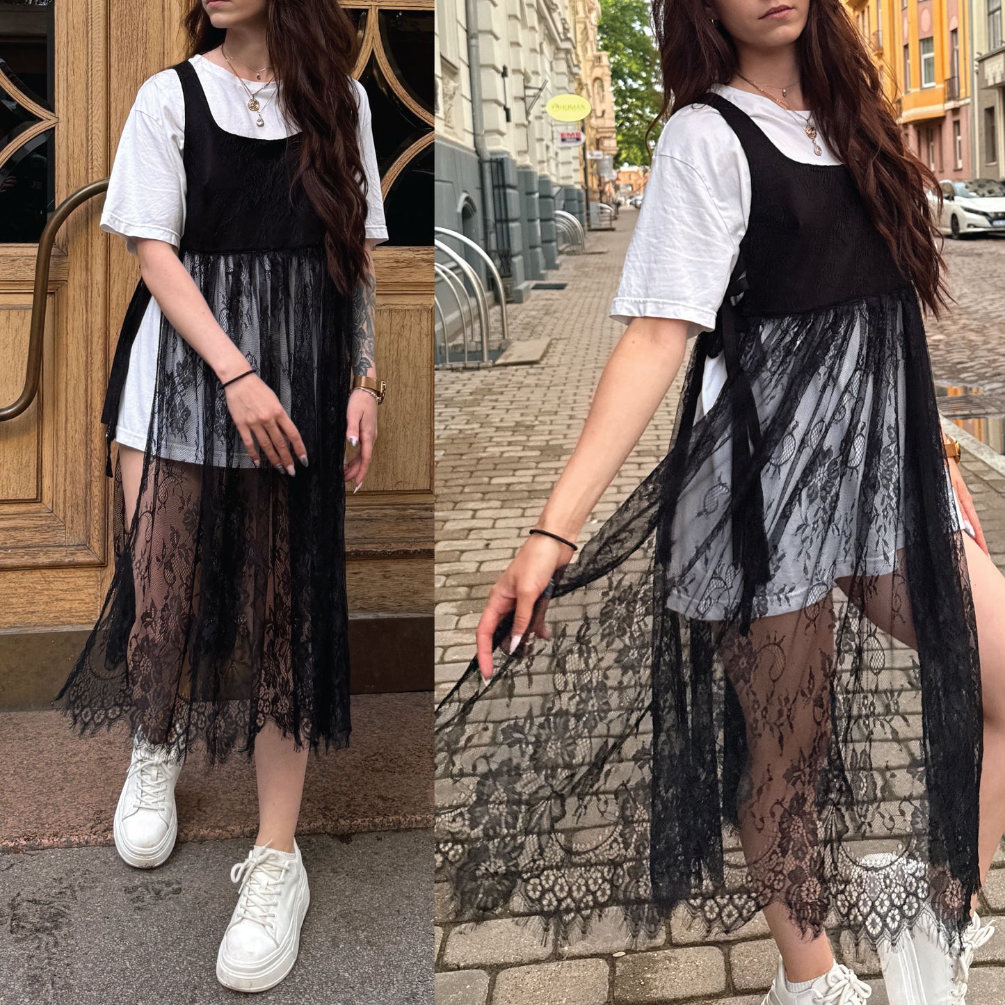 A woman modeling a black lace midi dress over a white t-shirt and gray shorts, shown in a split view with a wooden door background on the left and a cobblestone street background on the right.
