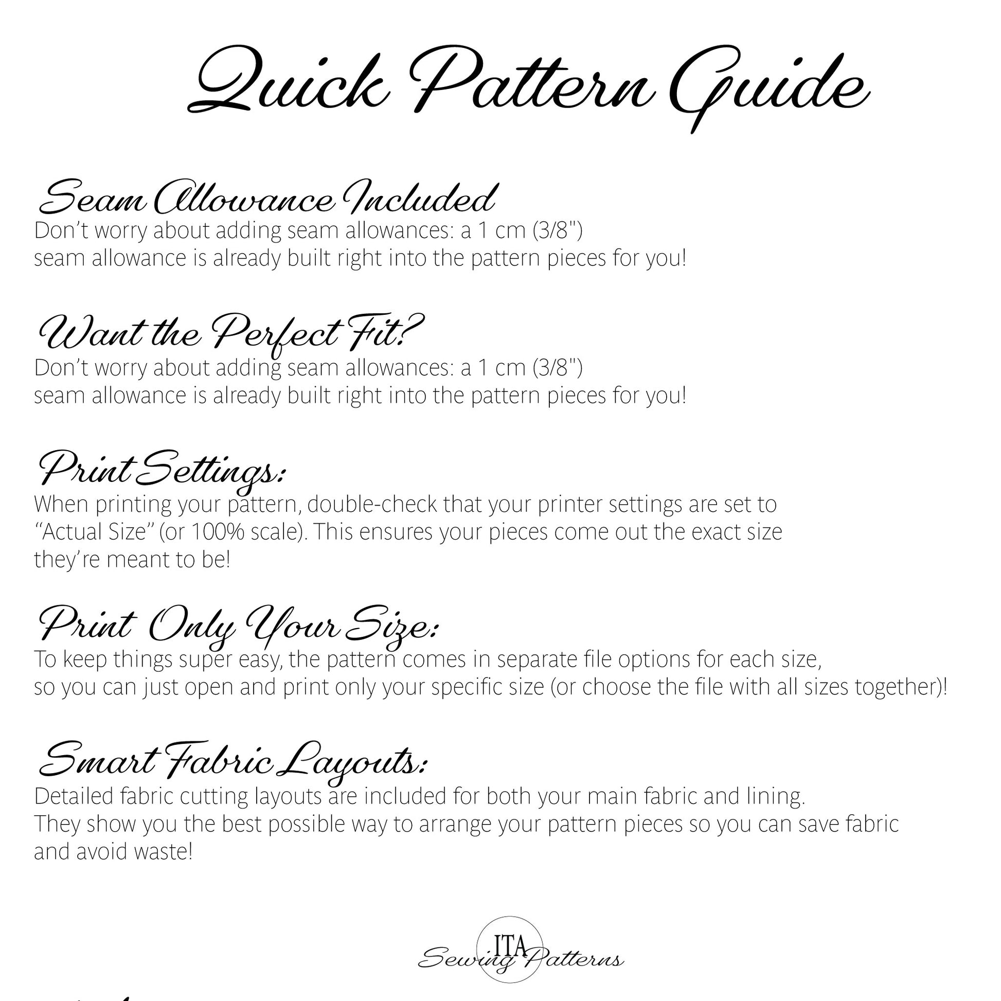 A digital graphic titled 'Quick Pattern Guide' with black text on a white background, explaining seam allowance, print settings, and smart fabric layouts.