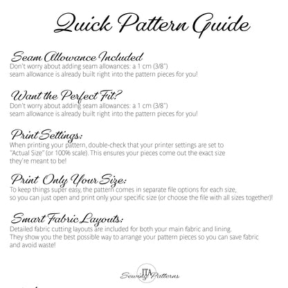 A digital graphic titled 'Quick Pattern Guide' with black text on a white background, explaining seam allowance, print settings, and smart fabric layouts.