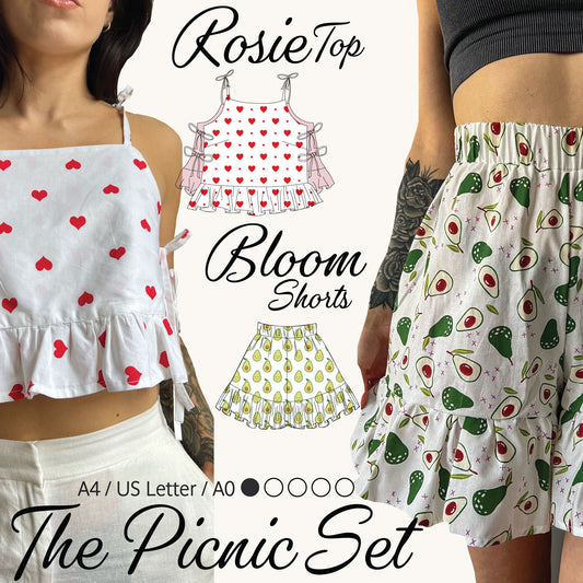 Promotional graphic for 'The Picnic Set' by RosieTop, showing two models wearing matching printed sets: one in white with red hearts and one in white with green avocado prints. A central illustration shows the top and skirt designs, with text indicating sizes A4 / US Letter / A0.