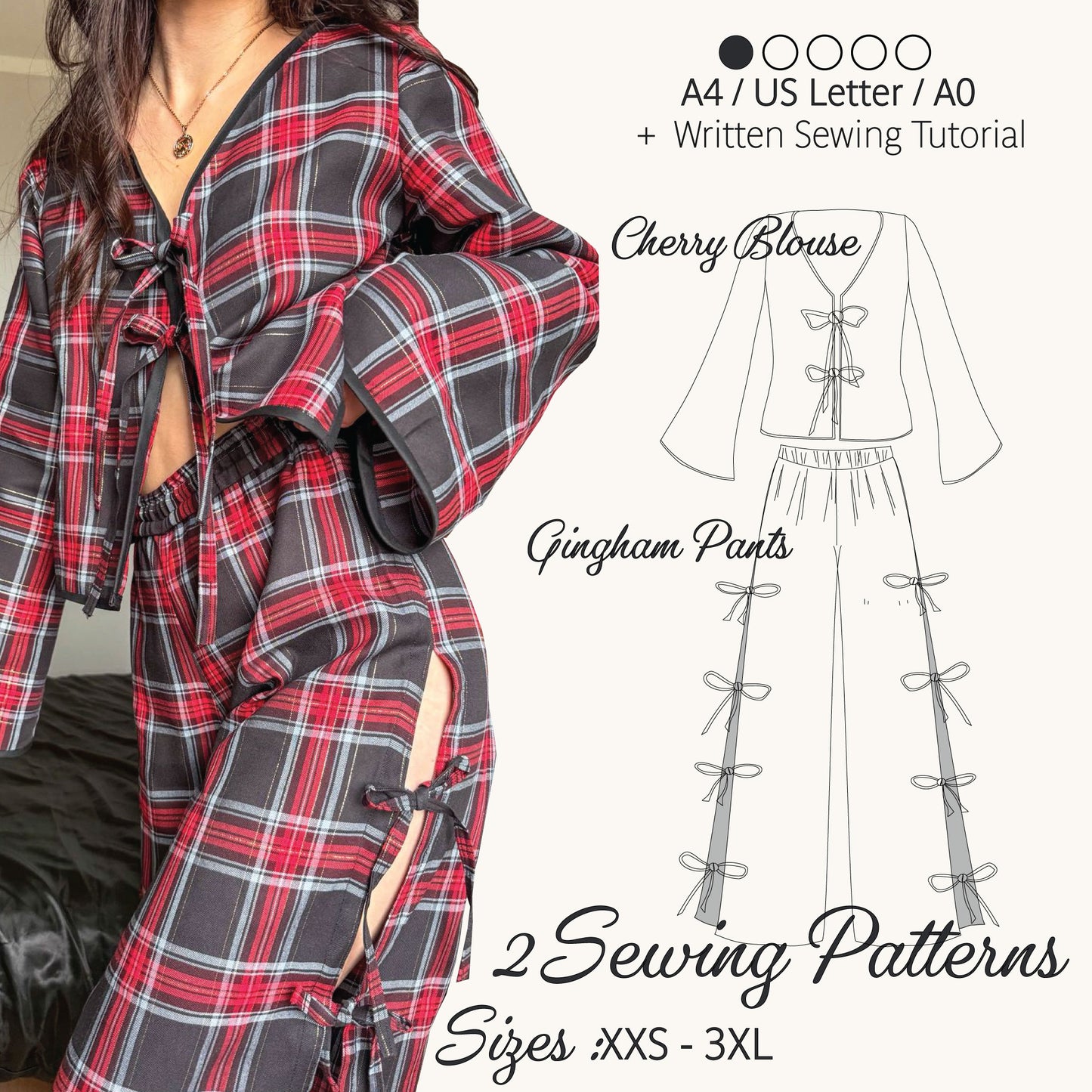 A promotional graphic for a sewing pattern set showing a model wearing a red, black, and gray plaid kimono-style top and matching gingham pants with side tie details, alongside a line drawing of the blouse and pants and text reading 'Cherry Blouse,' 'Gingham Pants,' '2 Sewing Patterns,' and 'Sizes XXS - 3XL.'.