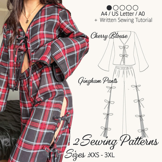 A promotional graphic for a sewing pattern set showing a model wearing a red, black, and gray plaid kimono-style top and matching gingham pants with side tie details, alongside a line drawing of the blouse and pants and text reading 'Cherry Blouse,' 'Gingham Pants,' '2 Sewing Patterns,' and 'Sizes XXS - 3XL.'.