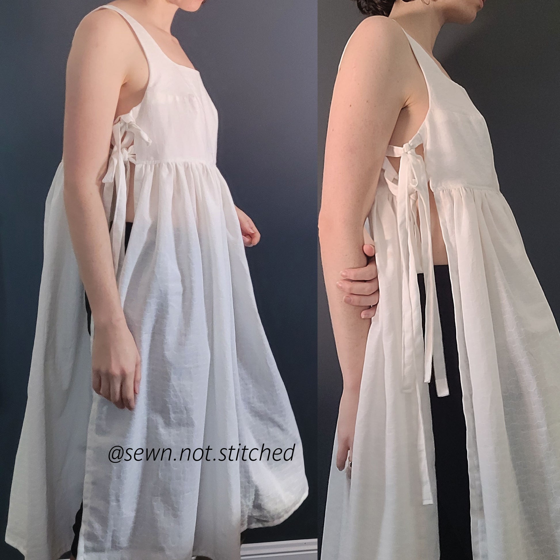 A woman modeling a white sleeveless maxi dress with side tie-front details, shown in two side-by-side views against a dark gray wall.
