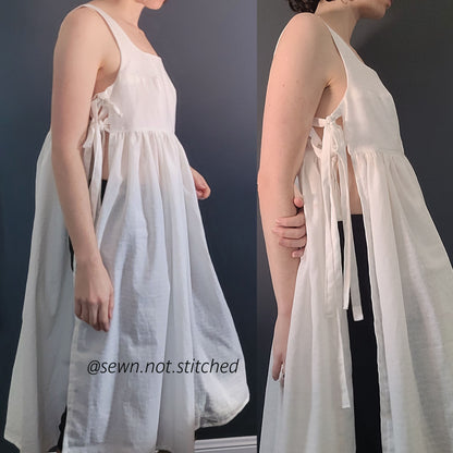 A woman modeling a white sleeveless maxi dress with side tie-front details, shown in two side-by-side views against a dark gray wall.