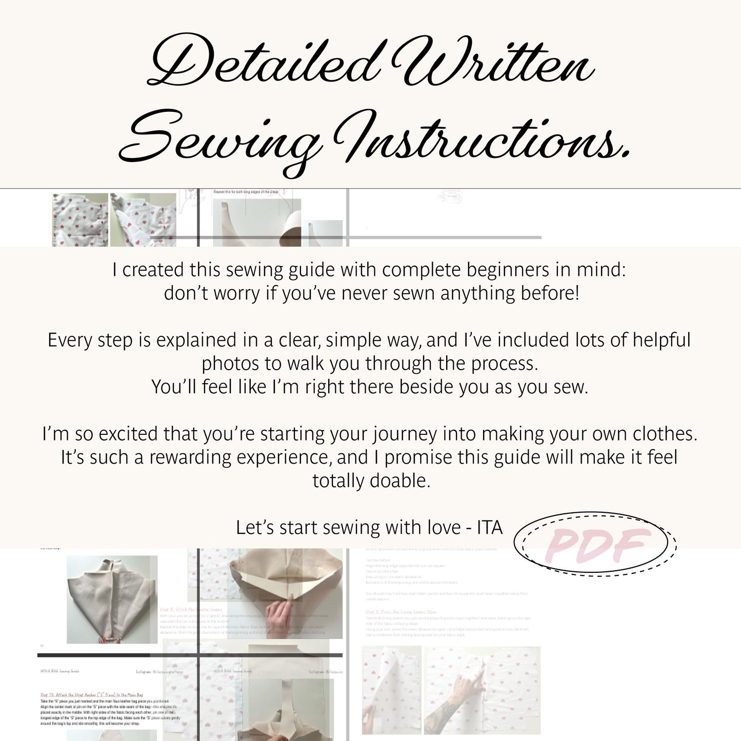 Promotional graphic for a PDF sewing instruction guide titled 'Detailed Written Sewing Instructions.' The design has a cream background with black script text, small inset photos of fabric and sewing steps, and a pink handwritten-style 'PDF' stamp.