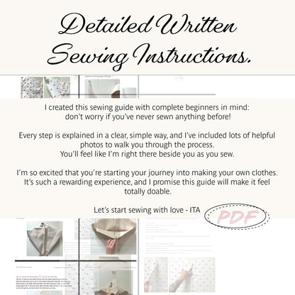 Promotional graphic for a PDF sewing instruction guide titled 'Detailed Written Sewing Instructions.' The design has a cream background with black script text, small inset photos of fabric and sewing steps, and a pink handwritten-style 'PDF' stamp.