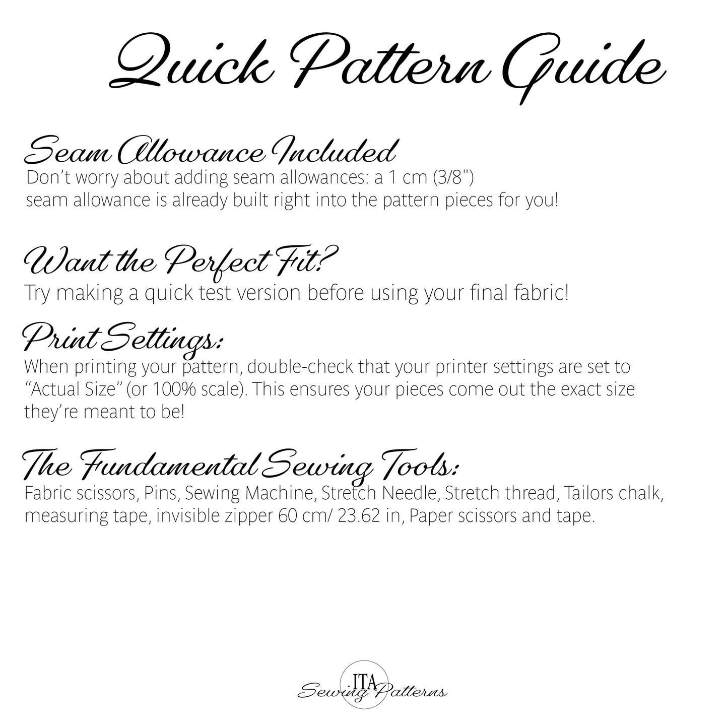 A digital graphic titled 'Quick Pattern Guide' with black text on a white background, explaining seam allowance, print settings, and sewing tools. The brand name 'Sewingly Patterns' is visible at the bottom.