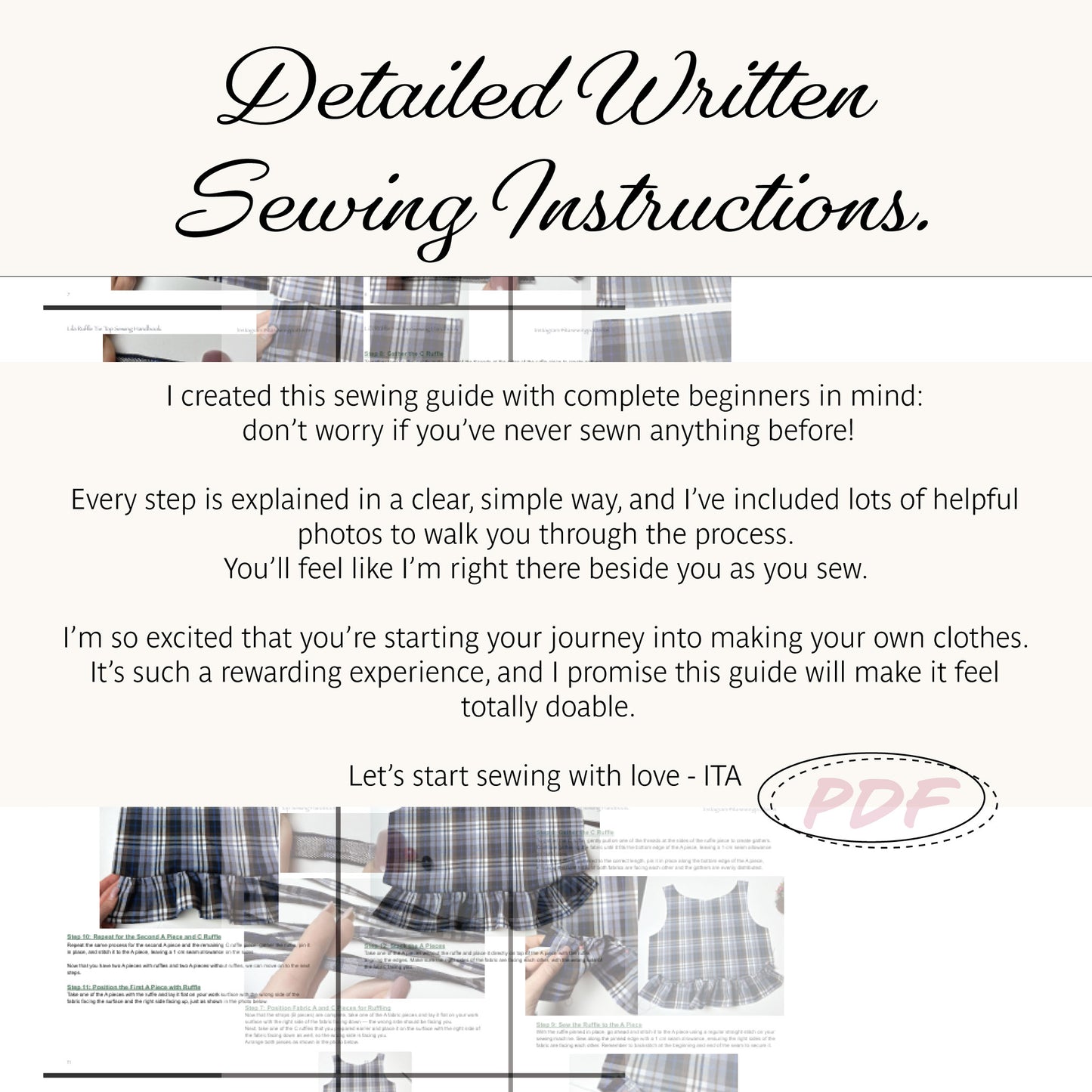 Promotional graphic for a digital sewing instruction PDF, featuring the title 'Detailed Written Sewing Instructions.' in elegant black script at the top, a body of descriptive text in the center, and several small preview images of plaid and white garments at the bottom.