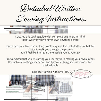 Promotional graphic for a digital sewing instruction PDF, featuring the title 'Detailed Written Sewing Instructions.' in elegant black script at the top, a body of descriptive text in the center, and several small preview images of plaid and white garments at the bottom.