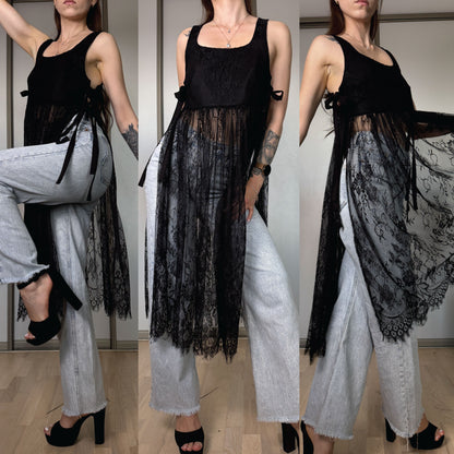 Three views of a woman modeling a black lace sleeveless top with a sheer black overlay and side ties, paired with light gray wide-leg jeans and black high-heeled sandals in an indoor setting.
