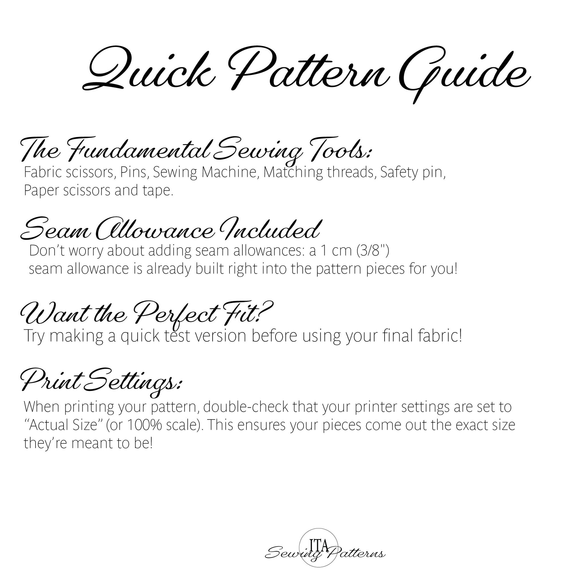 A digital graphic titled 'Quick Pattern Guide' with black text on a white background, outlining sewing tools, seam allowance, perfect fit testing, and print settings. The brand name 'Seamless Patterns' is visible at the bottom.