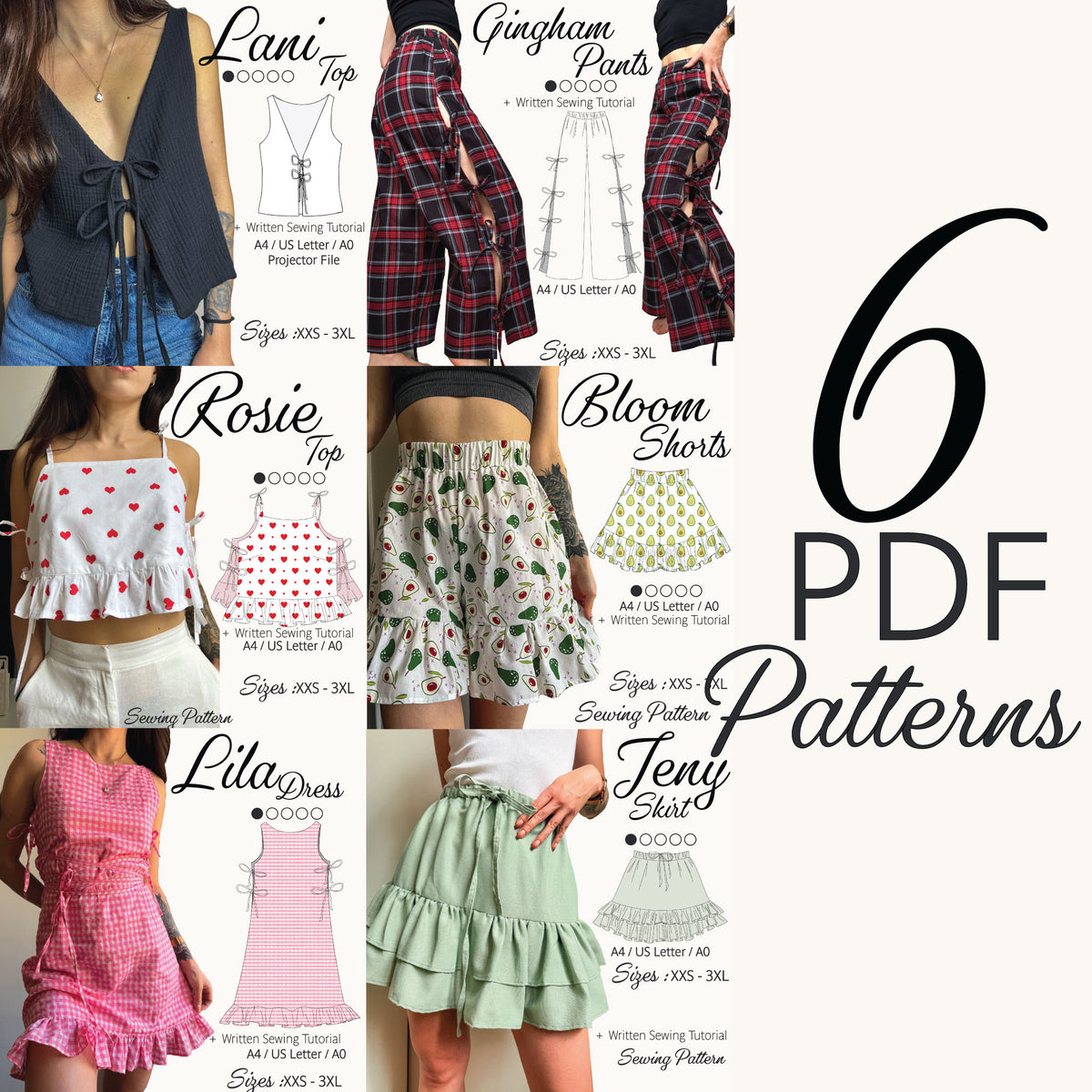 A collage-style promotional graphic for sewing patterns, showing six outfit designs with model crop photos, garment sketches, and large text reading '6 PDF Patterns.' The designs include a black-and-white top labeled Lani, a red plaid Pants labeled Gingham Pants, a white top with red hearts labeled Rosie Top, a white shorts with green print labeled Bloom Shorts, a pink sleeveless dress labeled Lila Dress, and a light green ruffled skirt labeled Jeny.