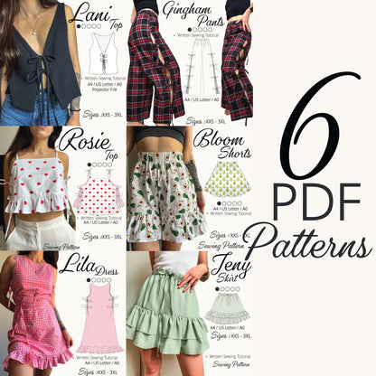 A collage-style promotional graphic for sewing patterns, showing six outfit designs with model crop photos, garment sketches, and large text reading '6 PDF Patterns.' The designs include a black-and-white top labeled Lani, a red plaid Pants labeled Gingham Pants, a white top with red hearts labeled Rosie Top, a white shorts with green print labeled Bloom Shorts, a pink sleeveless dress labeled Lila Dress, and a light green ruffled skirt labeled Jeny.